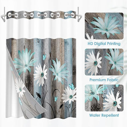 No Hook Rustic Farmhouse Shower Curtain with Snap in Fabric Liner Set, Teal Daisy Flowers and Butterfly on Wooden Double Layers Waterproof with See Through Top Bath Curtain 71x74 Inch