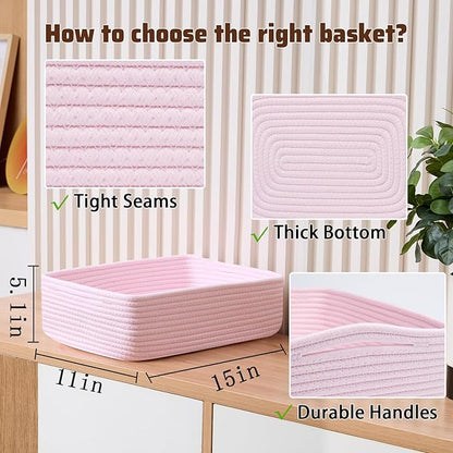 Large Shallow Organizing Baskets 15x11x5.1 Inches - Rope Woven Storage Bins for Bathroom, Shelves, Cube Closet, Light Pink 3 Packs