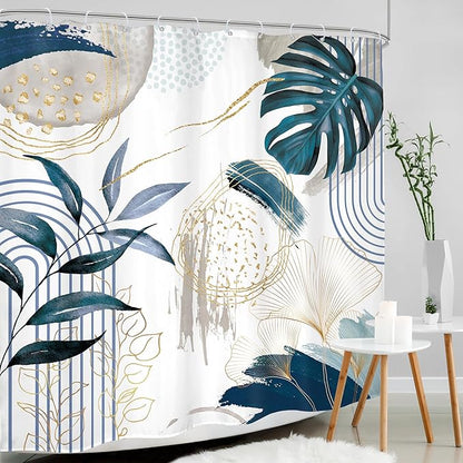 Navy Blue Boho Shower Curtain 72Wx72H Modern Mid Century Abstract Gold Tropical Leaves Palm Minimalist Plant Geometric Arch Bathroom Decor Botanical Bath Curtain Fabric Polyester 12 Pack Hooks