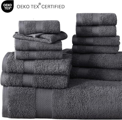 LANE LINEN 100% Cotton Bath Towels Set - 24 PCs - Durable, Quick Dry, Super Soft & Highly Absorbent - 4 Bath, 4 Fingertip, 6 Hand Towels, 8 Washcloths, 2 Bath Sheets - Perfect Family Set - Cool Grey