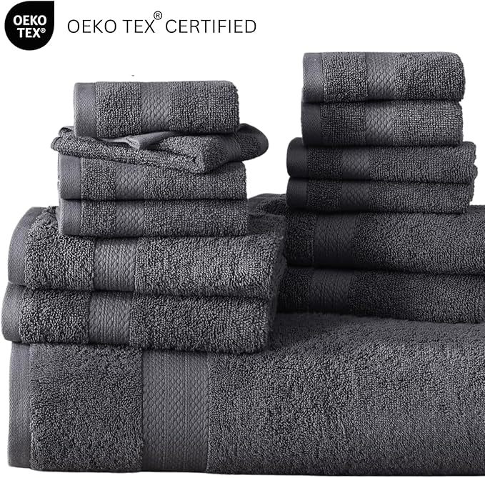 LANE LINEN 100% Cotton Bath Towel Set - Sustainably Produced, 18PCs Towels for Bathroom - 6 Hand, 8 Washcloths, 4 Shower Towels - Machine Washable, Quick Drying, Highly Absorbent - Cool Grey
