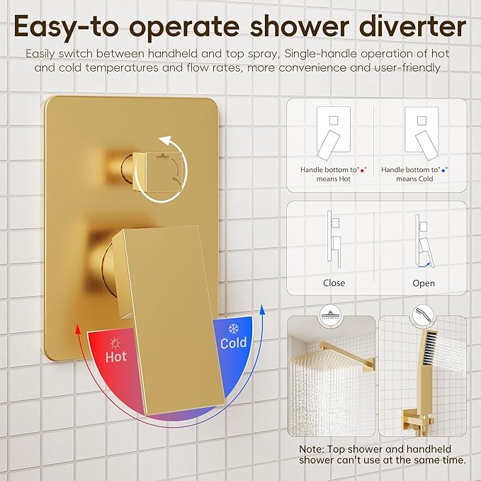 Gold Shower System, Shower Faucet Set with High Pressure 12 inch Shower Head and HandHeld, Wall Mounted Bathroom Shower Head Set,Shower Faucet Rough-in Valve and Trim Kit, Brushed,Gold