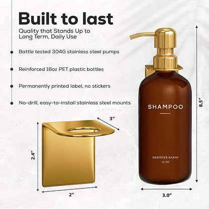 Luxury Shampoo and Conditioner Dispenser Set Wall Mounted by Brighter Barns - Plastic Shower Dispenser Set - 3 Chamber Drill Free Shampoo Bottle - Modern Bathroom Decor for Guest Bathroom (Amber Gold)