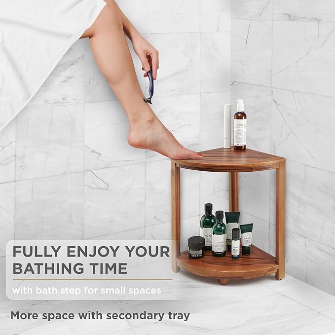 HOLANA 18" Wood Corner Shower Bench & Corner Shower Stool with Storage Shelf - Footrest for Shaving Legs - Bath Step for Small Spaces - Perfect for Indoor or Outdoor (Acacia)