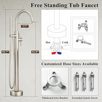 Freestanding Bathtub Faucet Brushed Nickel Tub Filler Floor Mount Free Standing Metal Bathroom Tub Gooseneck Spout with 2 Function Hand Shower