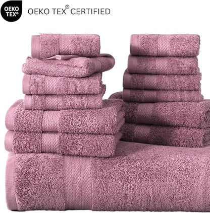 LANE LINEN Bathroom Towels Set - 24 PCs - 100% Ring Spun Cotton - Quick Dry, Soft & Absorbent - 4 Bath, 4 Fingertip, 6 Hand Towel, 8 Washcloths, 2 Bath Sheets - Towels for Regular Use - Wistful Mauve