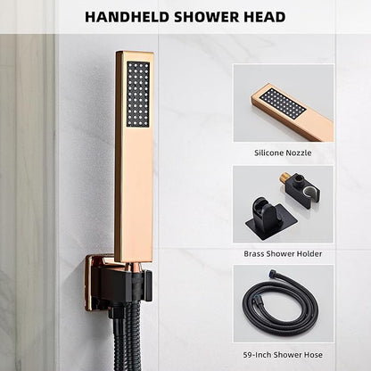 Shower Faucet Set with Tub Spout, Matte Black and Rose Gold Rainfall Shower System Complete Wall Mounted for Bathroom with 12 Inch Square Shower Head and Handheld Shower Head Rain Mixer Combo