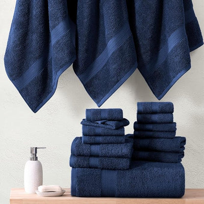 LANE LINEN 24 PCs Bath Towel Set - 2 Bath Sheets, 4 Bath Towels, 4 Fingertip, 8 Washcloths, 6 Hand Towels - 100% Ring Spun Cotton - Highly Absorbent Towels for Bathroom, Gym, Hotel & Spa - Navy Blue