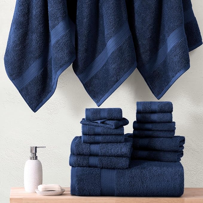 LANE LINEN 100% Cotton Luxury Towel Set for Bathroom - 16 Pieces, Ring Spun - Plush, Soft & Highly Absorbent - 4 Shower Towels, 8 Washcloths, 4 Hand Towels - Complete Bathroom Towel Set - Navy Blue