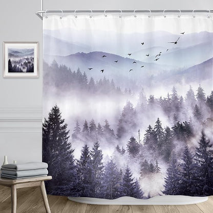 Riyidecor Purple Mountain Shower Curtain 72Wx72H Inch Nature Scenery Landscape Rustic Pine Tree Misty Foggy Mountain View for Mens Natural Bathroom Decor Fabric Polyester Waterproof 12 Pack Hooks