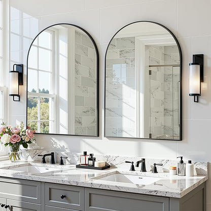 Arched Mirror 20"x30", Bathroom Mirror, Wall Mounted Vanity Mirror with Arch Metal Frame for Bathroom, Over Sink, Bedroom, Living Room, Flat Frame, Black