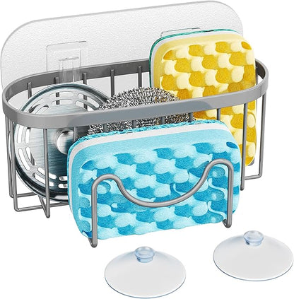 HapiRm Sponge Holder for Kitchen Sink - Sink Caddy with Unique M-Shaped, 2 Installation Methods Kitchen Organizer, Rustproof Stainless Steel Sponge Caddy - Grey