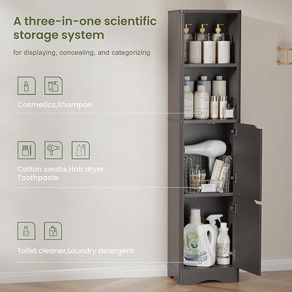 67" Tall Bathroom Organizer and Storage, Narrow Storage Cabinet with 2 Doors and 4 Shelves, Freestanding Floor Storage Unit,15.7" W x 11.8" D x 66.9" H, Grey