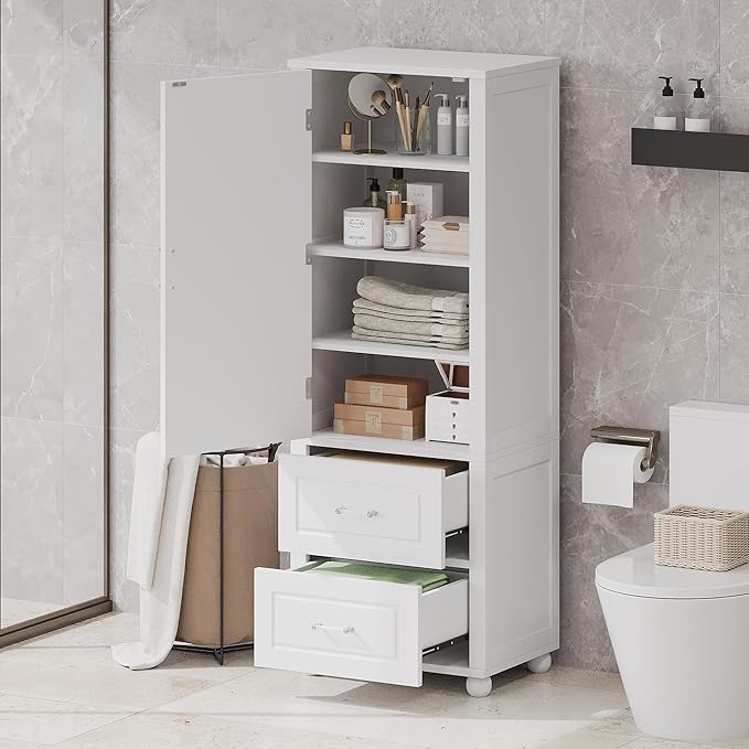 Tall Bathroom Storage Cabinet with Door and Shelves, Kitchen Pantry Linen with 2 Drawers for Home, Living Room, Dining Room, White