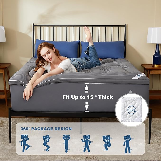 BEDLORE Full Mattress Topper, Thick Pillow Top Pad for Back Pain Relief, Cooling Soft Mattress Cover with Deep Pockets 6-15 inch