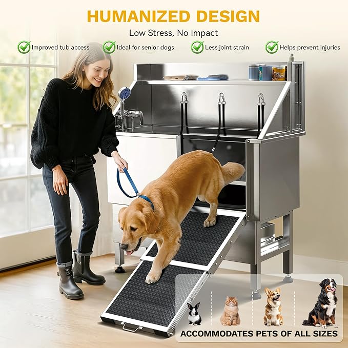 DWVO Professional 50in Dog Bathing Station, Stainless Steel 304 Pet Grooming Tub w/Right Door Ramp, 2 Storage Drawers & Grate, Pet Washing Station for Small, Medium, Large Dogs
