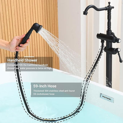 Freestanding Tub Faucet Sets, JetsBath Floor Mount BathTub Filler with 360° Swivel Spout & Handheld Sprayer, Matte Black Floor Mount Bathtub Faucet Single Handle with Supply Hose