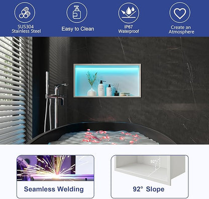 White Stainless Steel Shower Niche 24x12Inch, Dimmable RGB Led Light Wall Niche, No Tile Needed Recessed Niches for Bathroom Storage Built-in Installation