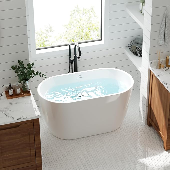 FerdY 47" Bali Acrylic Freestanding Bathtub, Gracefully Shaped Freestanding Soaking Bathtub, cUPC Certified, Toe-Tap Brushed Nickle Drain and Minimalist Linear Design Overflow Included