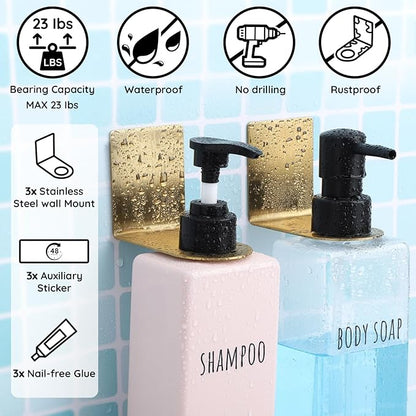 Segbeauty Stainless Soap Bottle Dispenser Holder,Pack of 3 Dia 1.1in 2.8cm Drill-Free Dispenser Holder Wall Mounted Rack, Adhesive Wall Mount Bottle Holder for Bathroom Toilet Kitchen Gold