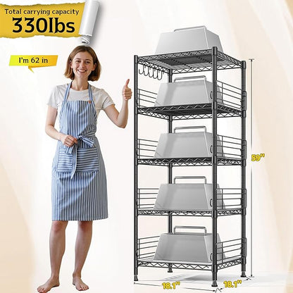 5 Tier Metal Shelving Unit Storage Shelves With Shelf Linker,Adjustable Pantry Shelves Wire Shelving with Hooks,Metal Shelf with Side Blockers for Kitchen,Closet,Office,Laundry,18.1''Wx18.1''Dx59''H