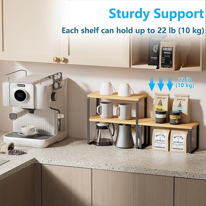 Golener Countertop Organizer Corner Shelf, 2-Tier Adjustable Stackable Corner Shelves for Kitchen, Spice Rack, Coffee Area, Over Sink, Bathroom, Dresser Table, Corner Counter Shelf Stand, Bamboo
