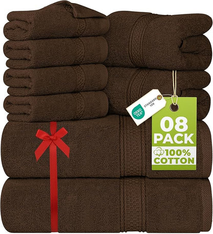 Utopia Towels 8-Piece Premium Towel Set, 2 Bath Towels, 2 Hand Towels, and 4 Wash Cloths, 600 GSM 100% Ring Spun Cotton Highly Absorbent Towels for Bathroom, Gym, Hotel, and Spa (Brown)
