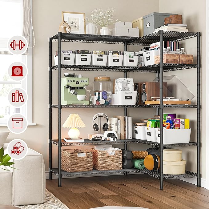 REIBII 1450LBS Shelves 5 Tier Metal Shelving Unit Storage Wire Shelving 58.1''W Pantry Shelves Wire Shelf Adjustable Garage Shelving Heavy Duty Storage Rack for Pantry Kitchen Garage, Black