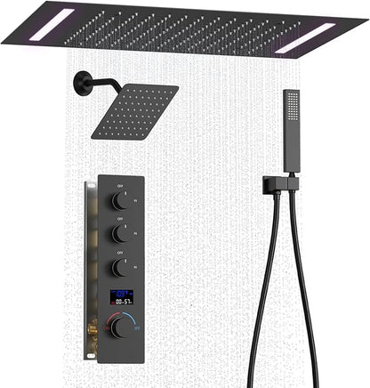 Digital Display Shower Faucet Set Matte Black Shower System with 14X20 inch Ceiling Mounted Shower Head and 8 inch Wall Mounted Shower Head Combo, Handheld Shower