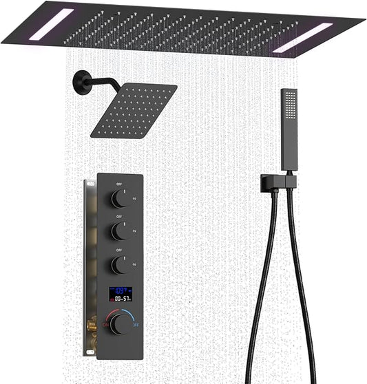 Digital Display Shower Faucet Set Matte Black Shower System with 14X20 inch Ceiling Mounted Shower Head and 8 inch Wall Mounted Shower Head Combo, Handheld Shower