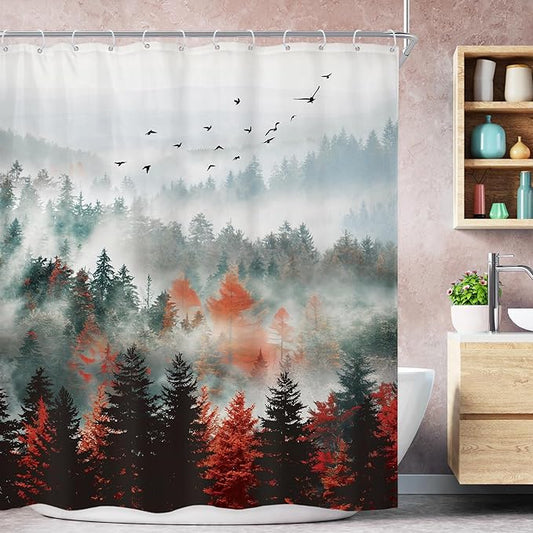Riyidecor Red Green Mountain Shower Curtain 60Wx72H Inch Black Nature Woodland Scenery Foggy Misty Scenic Landscape Woods Rustic Dark Natural Bathroom Decor Fabric Polyester Waterproof 12 Pack Hooks