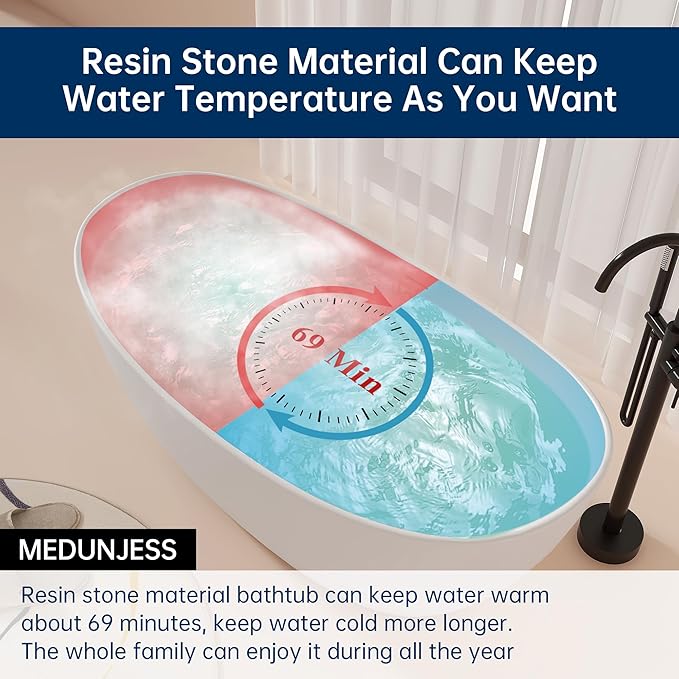 65'' Freestanding Solid Surface Resin Stone Bathtub, Freestanding Tub, Contemporary Design Stand Alone Tub with Pop-up Drain and Overflow, cUPC Certified, Matte White (Oval)…