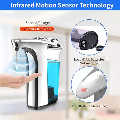 Automatic Soap Dispenser, Touchless Sensor Hand Soap Dispenser 17oz/500ml Silver, Adjustable 5 Dispensing, Refillable Reservoir, Battery Powered for Kitchen & Bathroom