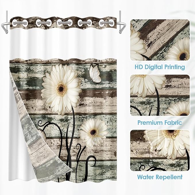 No Hook Vintage Flower Shower Curtain with Snap in Fabric Liner Set, Daisy Wooden Boards Double Layers Waterproof Fabric with See Through Top Window Open Grommet Bath Curtain 71x86 Inch