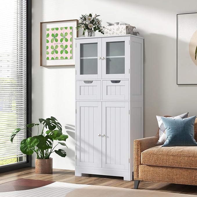 COSTWAY Tall Bathroom Storage Cabinet, Freestanding Storage Organizer with Glass Doors, 2 Drawers & 2 Adjustable Shelves, Wooden Linen Floor Cabinet for Bathroom, Living Room, Kitchen (White)