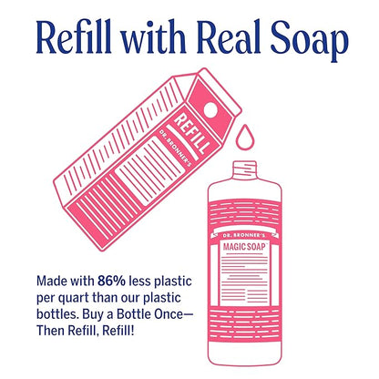 Dr. Bronner's Pure-Castile Magic Soap Liquid- Made with Regenerative Organic Certified Oils- For Body, Face, Hair, Dishes, Laundry, Vegan Bath Soaps for Men & Women, Non-GMO - Rose, 32oz + Refill