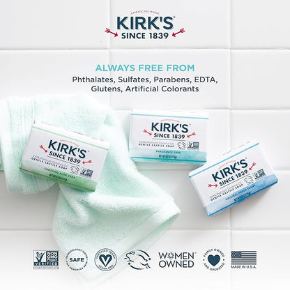 Castile Bar Soap by Kirkâ€™s | Clean Soap for Men, Women & Children | Premium Coconut Oil | Sensitive Skin Formula, Vegan | Fragrance-Free/Unscented | 4 oz. Bars - 4 Pack