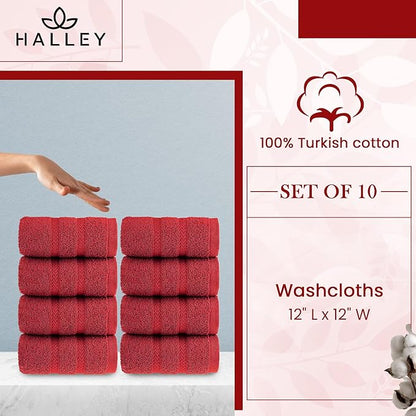 HALLEY Turkish 8 Pack Premium Washcloths (8 Pieces) 650 GSM Highly Absorbent Super Soft 100% Cotton - 8 Washcloths (Red)