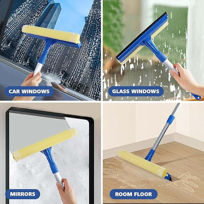 Professional 2-in-1 Window Squeegee with Telescopic Stainless Steel Handle (13.3"-18.9") | Sponge & Scraper for Glass, Shower, Car & High Surfaces