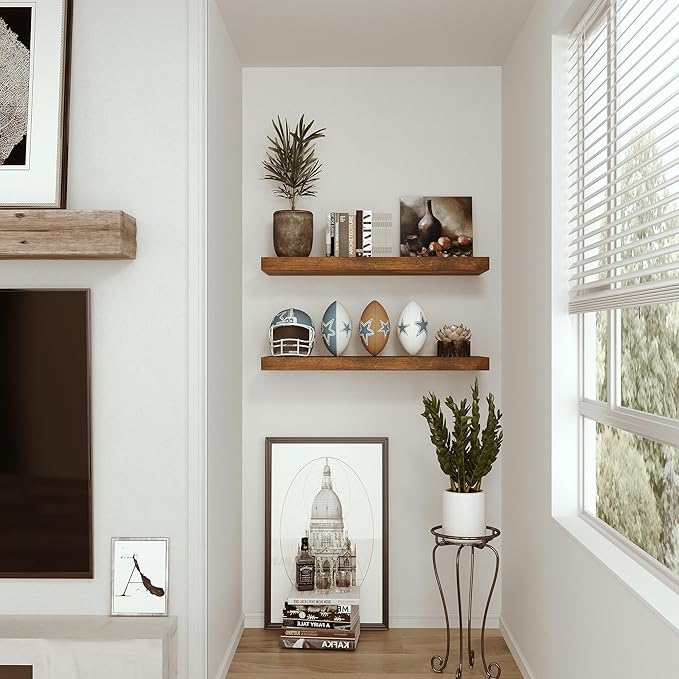 Vivelove Bathroom Floating Shelves for Wall, 24 inchs 9.1” Deep Wall Shelves for Bathroom Bedroom, Living Room, Kitchen, Office, Rustic Farmhouse Shelf Decor with Invisible Bracket, Set of 2
