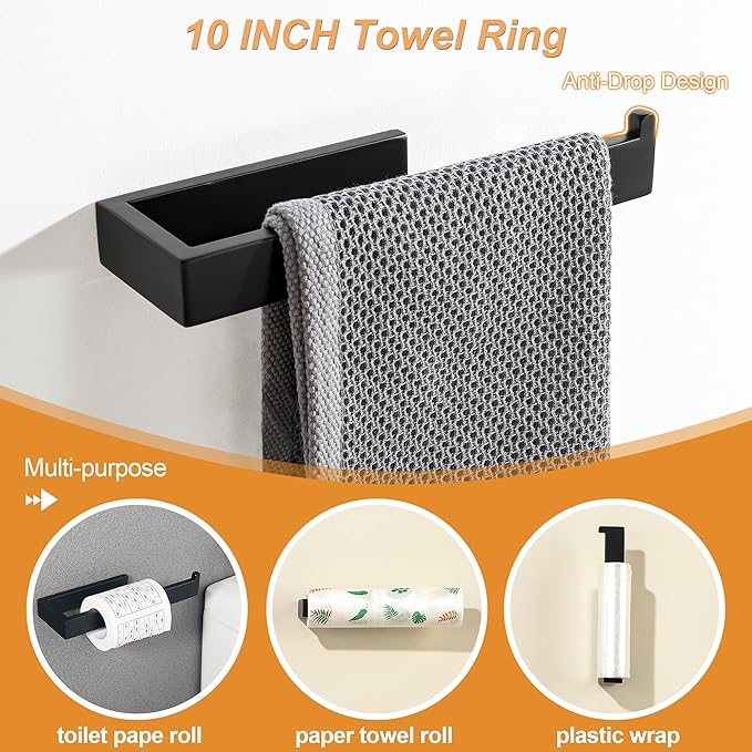SAYAYO 7-Piece Bathroom Hardware Set Black, Includes 16 Inch Towel Bar, Towel Ring, Toilet Paper Holder & 4Pcs Coat Hooks Wall Mount, Towel Racks for Bathroom Accessories Set SUS304 Stainless Steel