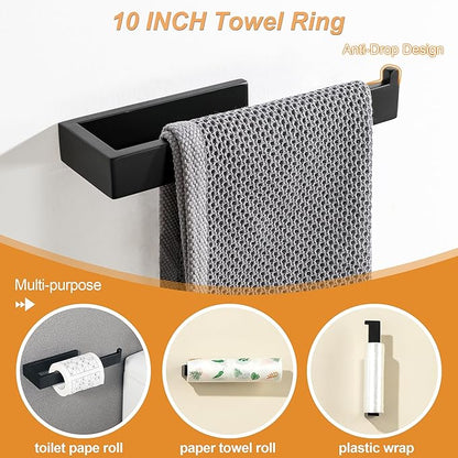 SAYAYO 7-Piece Bathroom Hardware Set Black, Includes 16 Inch Towel Bar, Towel Ring, Toilet Paper Holder & 4Pcs Coat Hooks Wall Mount, Towel Racks for Bathroom Accessories Set SUS304 Stainless Steel