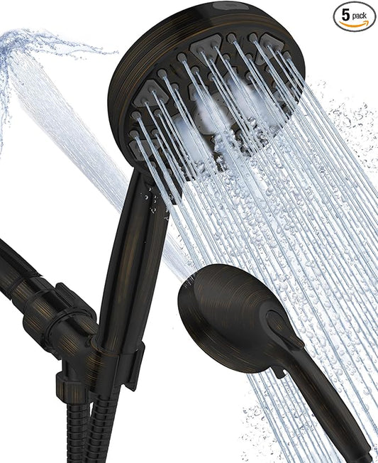 Shower Head With Handheld 7 Settings High Pressure, Built-in Power Wash, 5" High Powerful Hand Held Rain Showerhead with Stainless Steel Hose and Adjustable Bracket (Oil Rubbed Bronze)