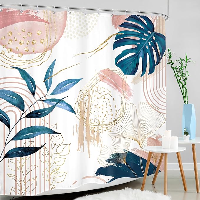Pink Blue Boho Shower Curtain Modern Abstract Tropical Palm Leaves Bohemian Minimalist Gold Leaf Mid Century Plant Botanical Bathroom Decor 72Wx72H Bath Curtain Fabric Polyester 12 Pack Hooks