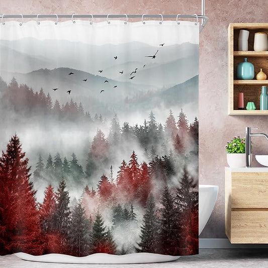 Riyidecor Red Black Mountain Shower Curtain 60Wx72H Inch Nature Woods Scenery Foggy Scenic Landscape Woodland Rustic Landscape Natural Bathroom Decor Fabric Polyester Waterproof 12 Pack Hooks