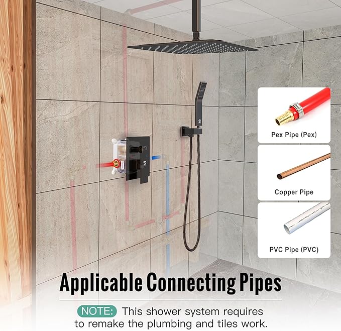 SR SUN RISE 16 Inches Oil Rubbed Bronze Shower Faucets Sets Complete Bathroom Rain Mixer Shower System Ceiling Mounted Rainfall Shower Head System (Contain Shower Faucet Rough-In Valve Body and Trim)