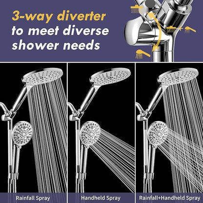 HOWUWEY Filtered Dual Shower Head with Handheld Spray Combo for Hard Water, 7.5-inch Modern High Pressure Shower Head with 9-mode Handheld and Filter, 79-inch Hose (Filtered, Chrome)