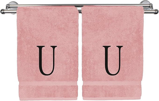 Monogrammed Hand Towel, Personalized Initial Gift, Extra Absorbent 100% Turkish Cotton - Soft Terry Finish - Set of 2 - Black Block Initial U - Embroidered on Pink Towels