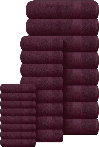 GLAMBURG Ultra Soft 24-Piece Towel Set - 100% Pure Ringspun Cotton, Contains 8 Oversized Bath Towels 27x54, 8 Hand Towels 16x28, 8 Wash Cloths 13x13 - Ideal for Everyday use, Hotel & Spa - Burgundy