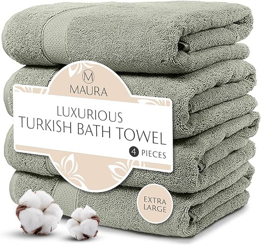 MAURA Sage Extra Large Turkish Cotton Luxury Bath Towels Set of 4. Ultra-Soft, Thick & Plush Towels for Bathroom - Sage Green
